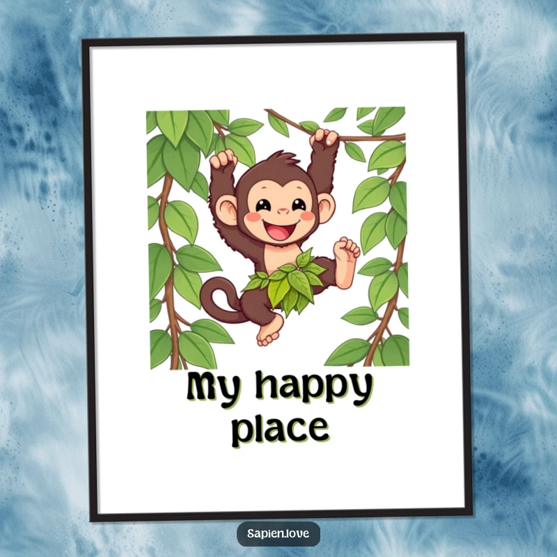 Funny kawaii primate poster, a happy character in a leafy loincloth swinging from a vine, vibrant humorous wall art.