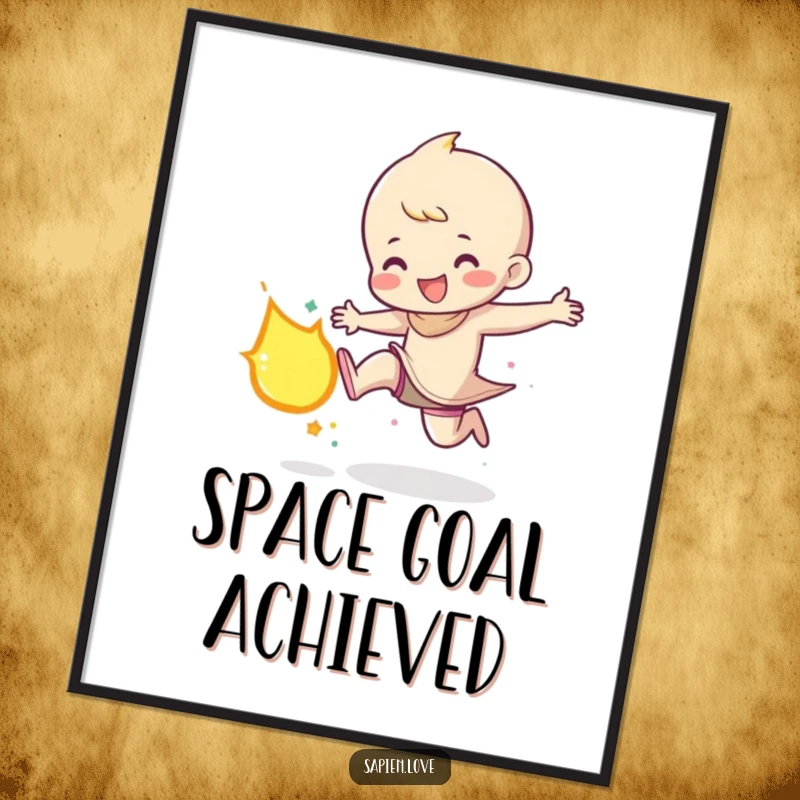 Funny poster print of a character joyfully kicking a small, glowing meteor, capturing a moment of playful cosmic interaction and powerful action.