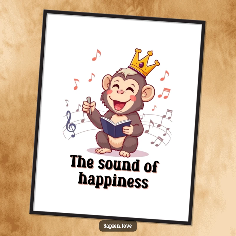 Funny Primate Conductor Poster: A cheerful primate wearing a crown, leading an orchestra of musical notes, vibrant and humorous wall art.