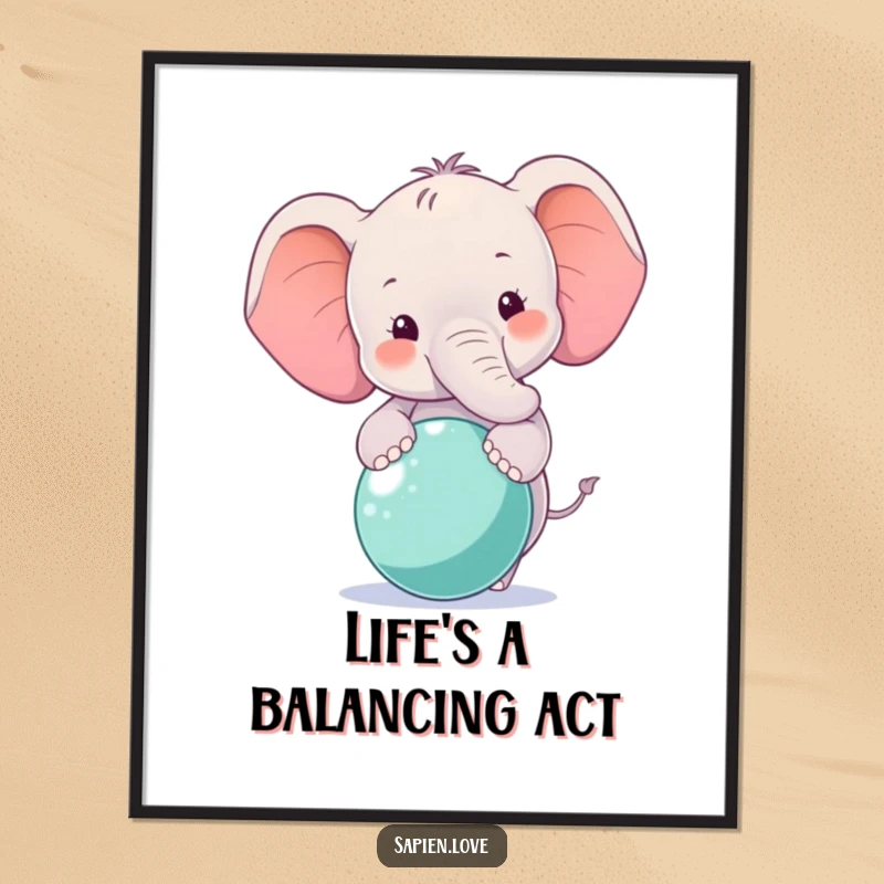 Funny Elephant Poster illustrating a smiling elephant character balancing a ball, adding a touch of joy to decor.