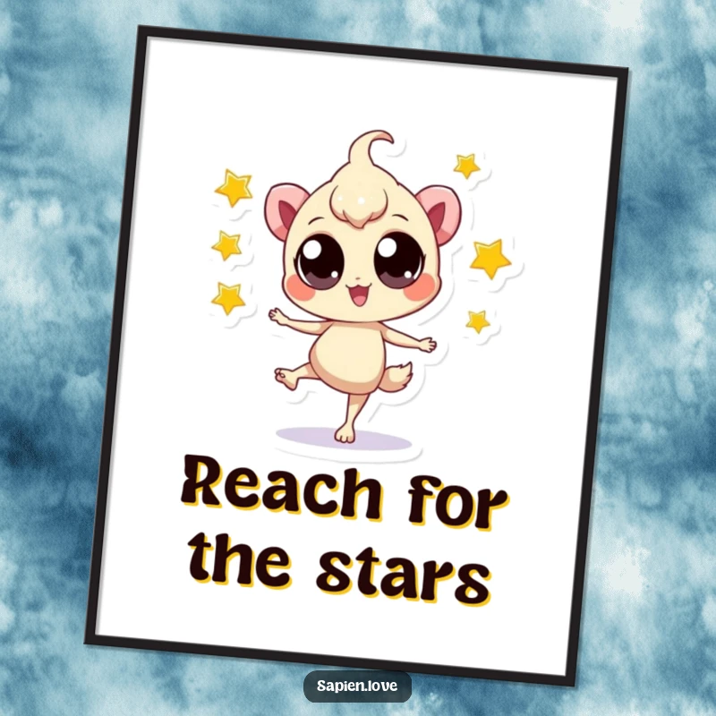 Funny Star Juggler Poster: A creature with huge eyes balances expertly while juggling luminous stars, captivating and funny wall art.