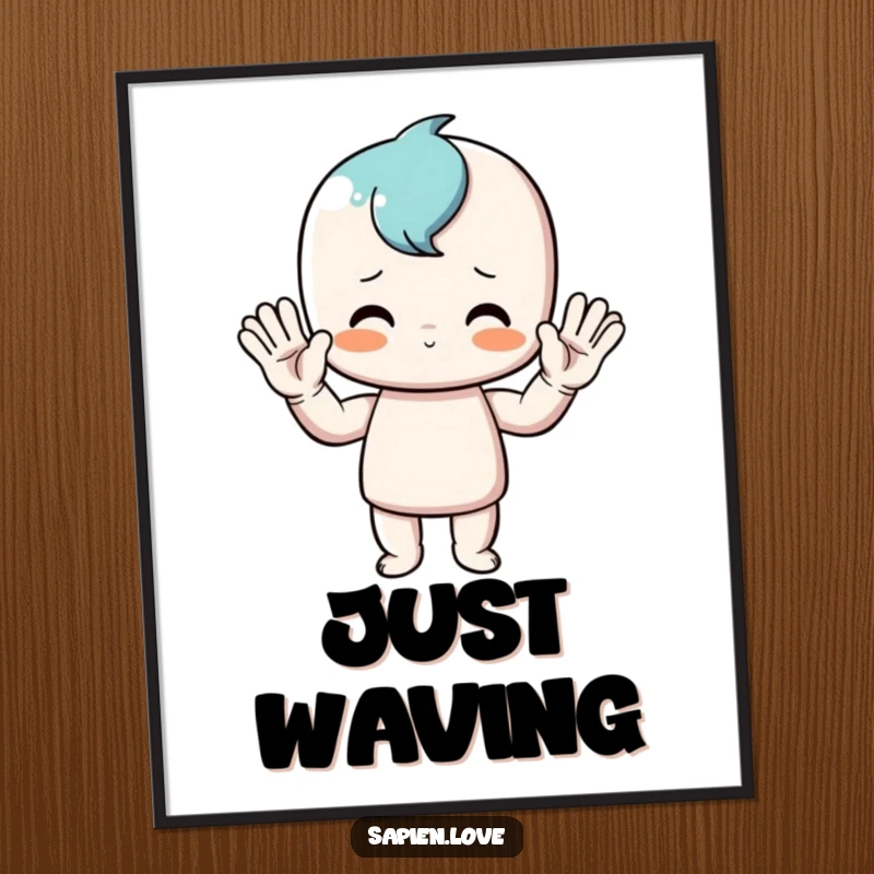 Funny poster print featuring a stylized stick figure with arms outstretched, performing a comically large and enthusiastic wave, bringing vibrant energy to the wall.