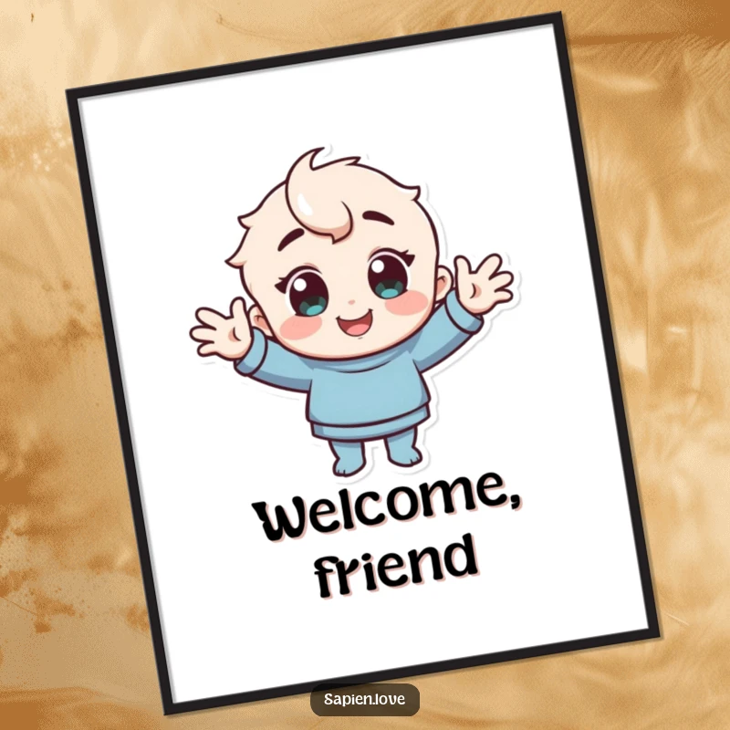 Funny Poster: A character with cheerful eyes extends a greeting with open arms.