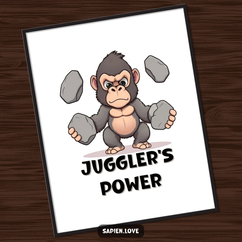 Funny Kawaii Gorilla Poster, a determined gorilla juggling stones, dynamic and humorous wall art.