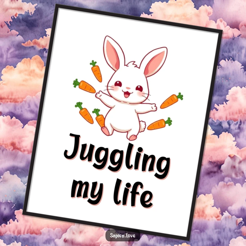 Funny poster of a rabbit character skillfully juggling colorful carrots, perfect for adding a touch of amusing whimsy to wall decor.