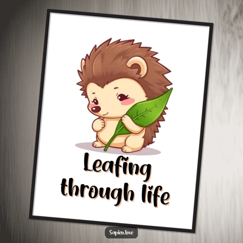 Funny Hedgehog Poster depicting a curious hedgehog character engrossed in examining a leaf, adding natural charm.