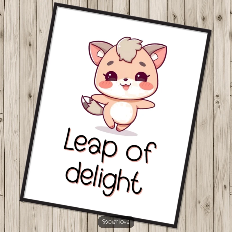 Funny poster featuring a joyful character with animal traits skipping with evident delight. A humorous gift idea.