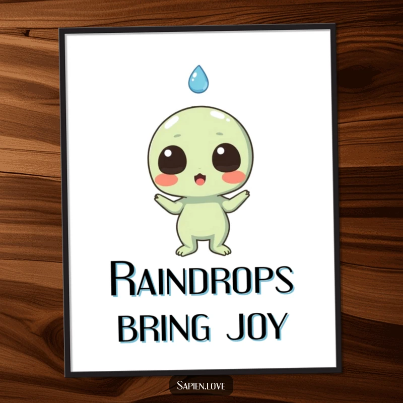 Funny poster art depicting an excited alien's comical surprise at a smiling raindrop falling gently towards it.
