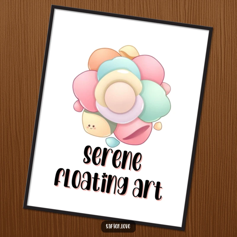 Funny Organic Flow poster showing a cluster of smooth, organic shapes gently floating and spinning in unison, creating a humorous visual of peaceful movement.