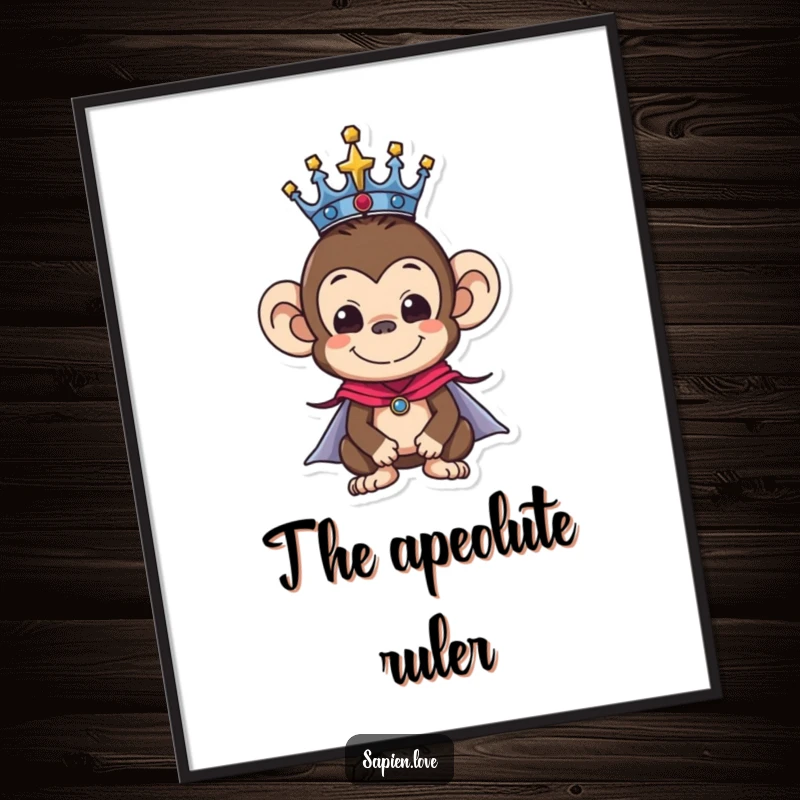 Funny poster of a monkey character majestically wearing a crown and cape, adding a touch of amusing regality to any wall.