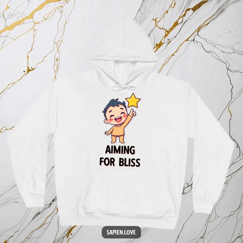 Funny Hoodie: A stylized kawaii human character beams with delight while reaching upwards towards a bright, twinkling star.