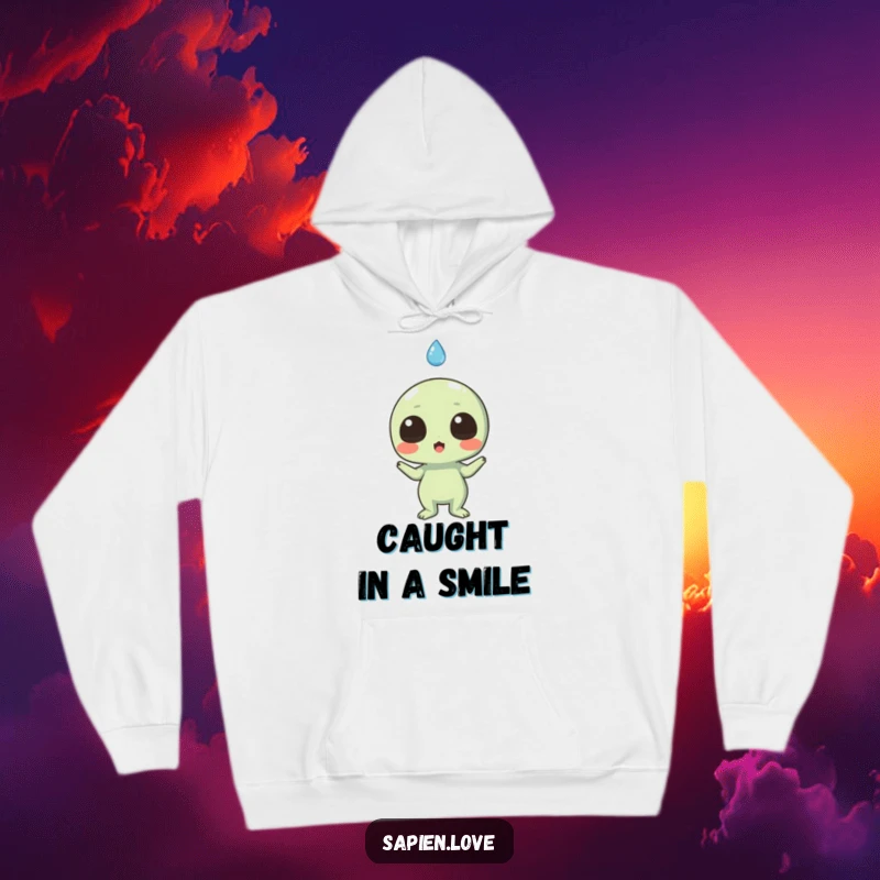 Funny hoodie featuring an excited alien's surprised face as a smiling, gentle raindrop falls from above.