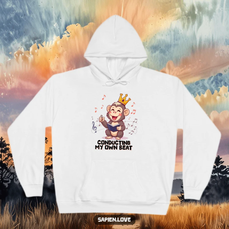 Funny Primate Conductor Hoodie: A cheerful primate king orchestrating music notes, combining warmth with humorous musical flair.