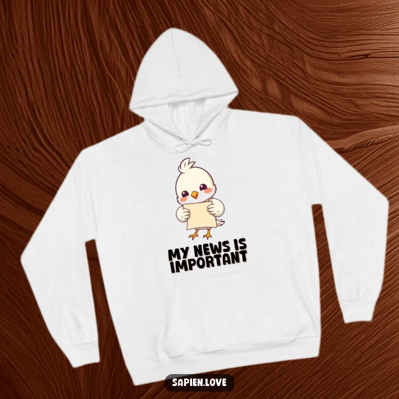 Funny bird character holding an ancient-looking scroll, ready for adventure, printed on a soft and warm hoodie.