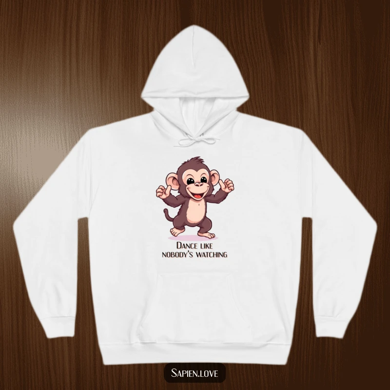 Funny kawaii ape hoodie, a playful character dancing with exaggerated movements, cozy and humorous apparel.