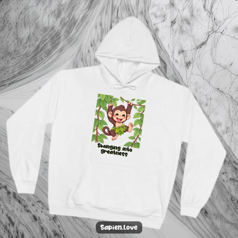 Funny kawaii primate hoodie, a happy character in a leafy loincloth swinging from a vine, warm humorous apparel.