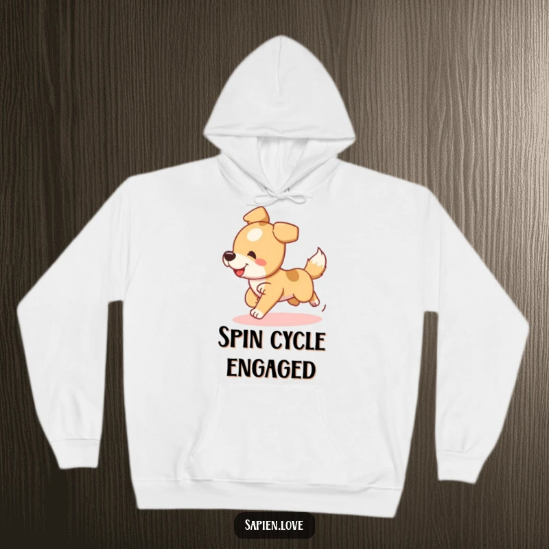 Funny Dog Hoodie showing a playful dog character chasing its tail, offering warmth and canine charm.