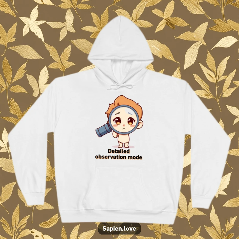Funny Hoodie: A human character with a curious, wide-eyed expression looks intently through a magnifying glass, ready for adventure.