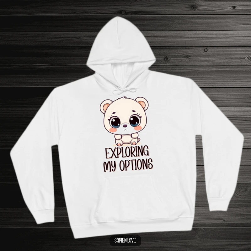 Funny bipedal bear with large, curious eyes exploring, a warm and humorous hoodie for adventurers.