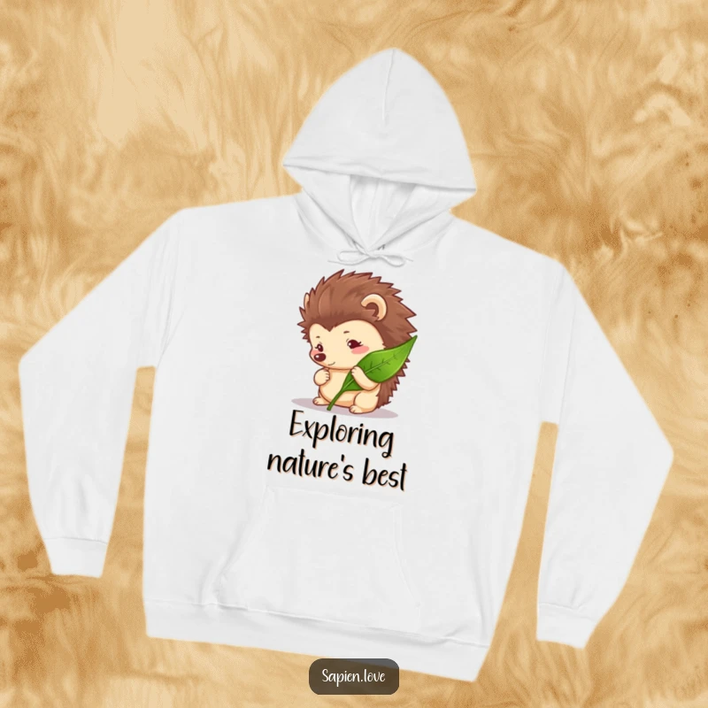 Funny Hedgehog Hoodie showcasing a curious hedgehog character examining a leaf, offering warmth and a love for nature.