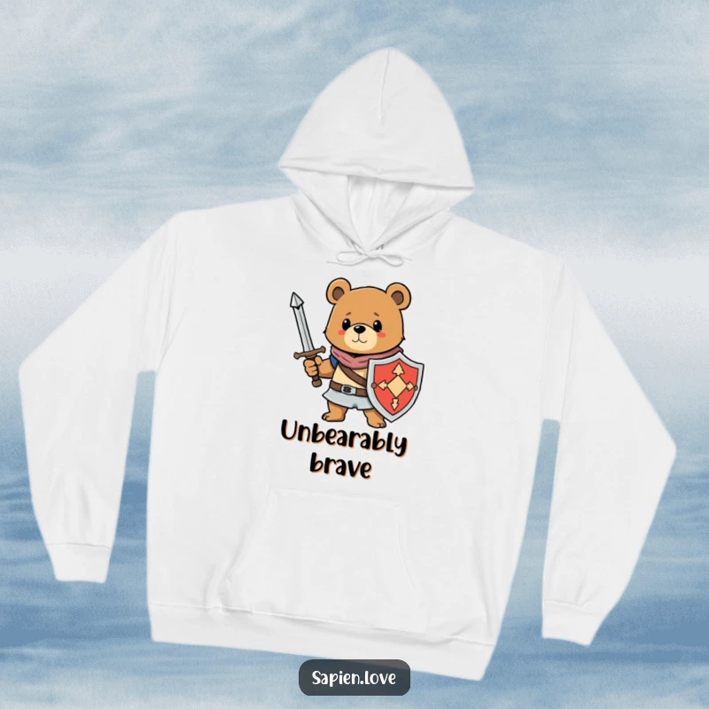 Funny hoodie showcasing a bear character wielding a sword and shield, offering warm protection and a touch of amusing bravery.