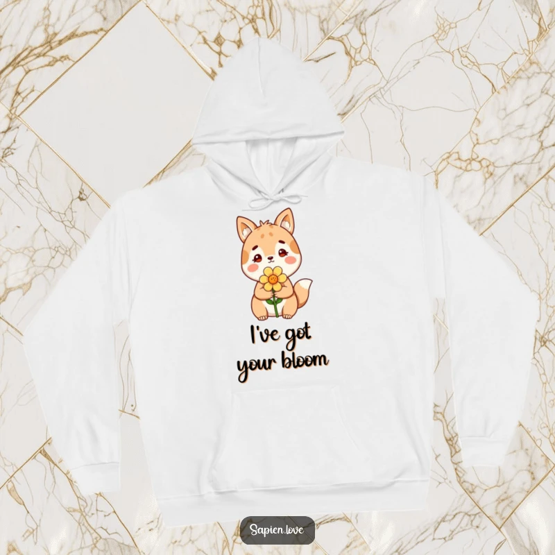 Funny Hoodie: A heartwarming scene of an animal-like character extending a beautiful flower, perfect for cozy, cheerful moments.