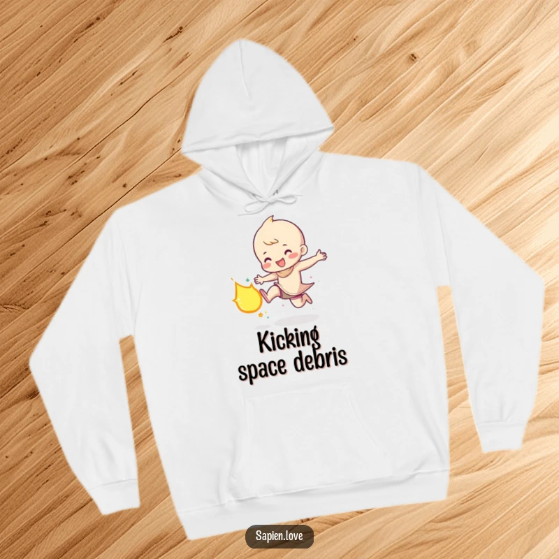 Funny hoodie featuring a character gleefully kicking a small, glowing meteor, designed for warmth and embodying a powerful, playful attitude.