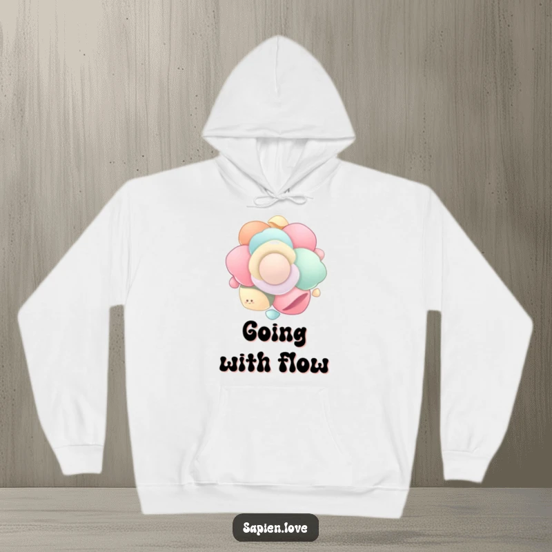 Funny Organic Flow hoodie displaying a cluster of smooth, organic shapes gently floating and spinning in unison, providing cozy tranquility.