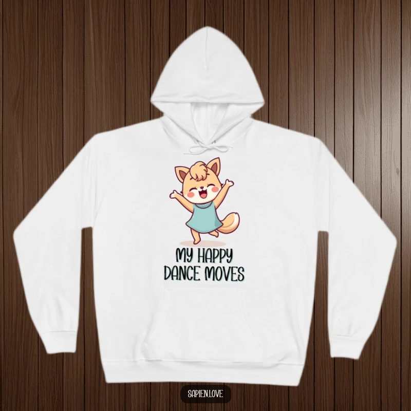 Funny Hoodie designed with a stylized person featuring animal features dancing happily, offering warmth and expressive humor.