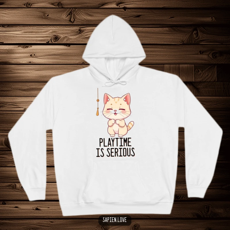 Funny Cat Hoodie showcasing a playful cat character batting at a dangling string, offering warmth and charm.
