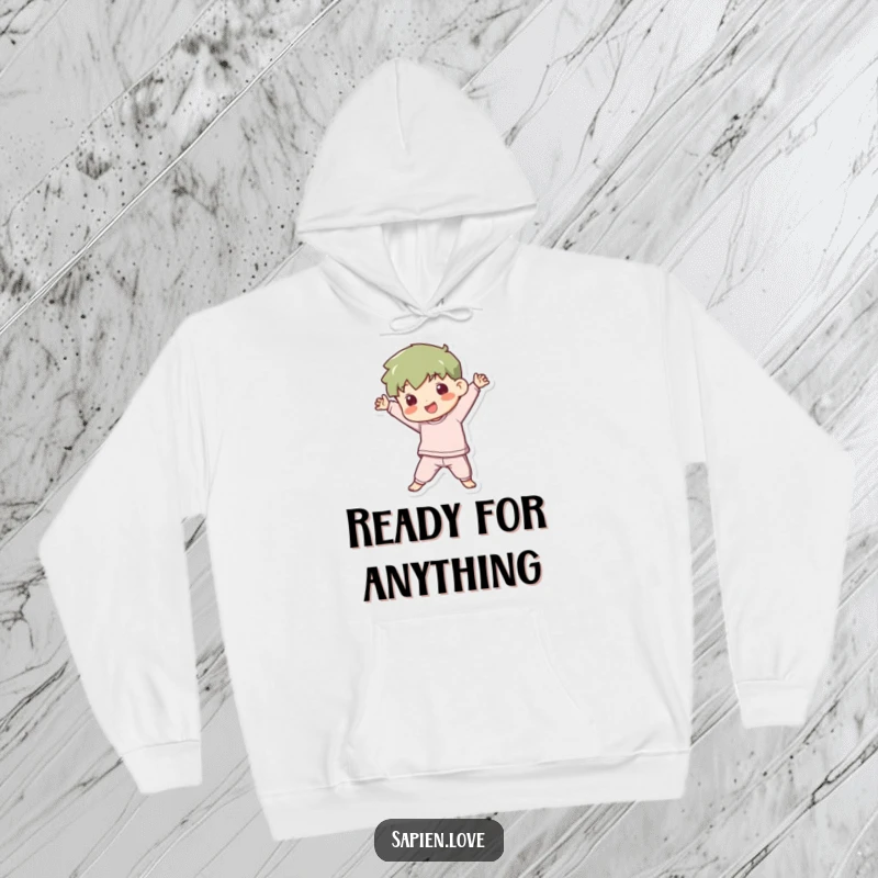 Funny Hoodie: A kawaii human figure is striking a dynamic, playful pose, radiating confidence and cuteness.