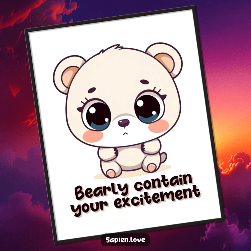 Funny Free Printable Wall Art: A cute bear with large, curious eyes exploring a magical world, inviting wonder and smiles.