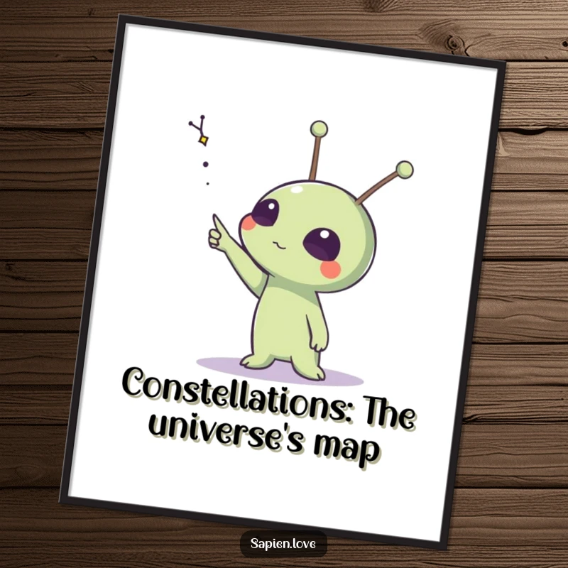 Funny Free Printable Wall Art: An alien character with prominent antennae points towards a vast, distant constellation.
