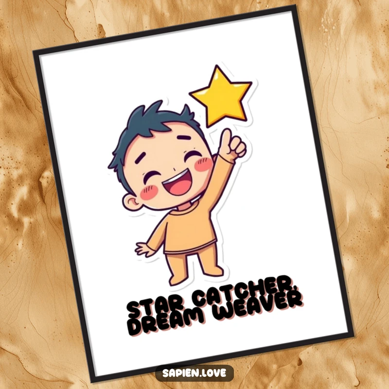 Kawaii Free Printable Wall Art: Grinning character joyfully reaches towards a bright star, embodying dreams.