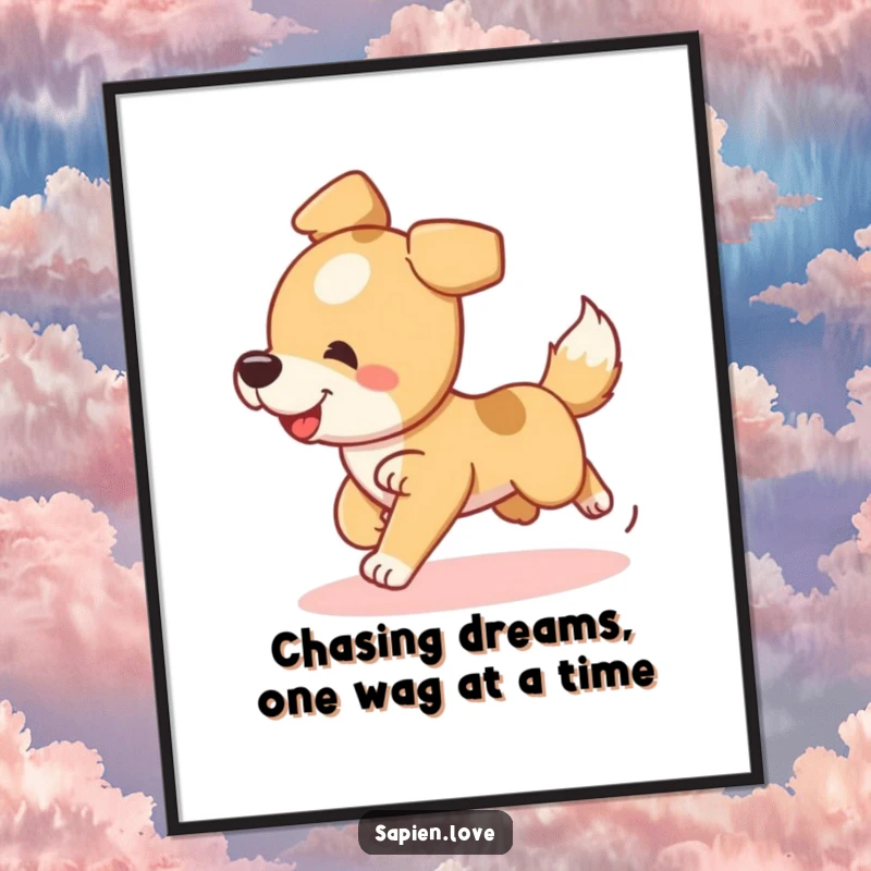 Free printable wall art of a happy, energetic dog character playfully spinning in circles, chasing its tail with glee.