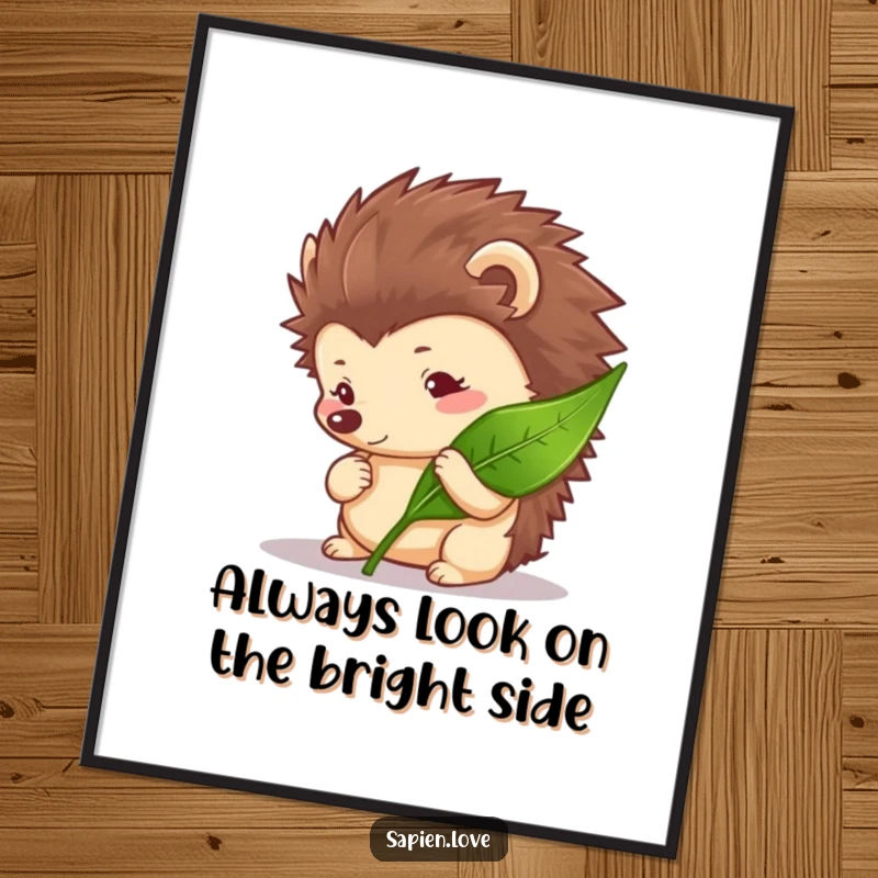 Free printable wall art of a curious hedgehog examining a leaf, creating a serene and charming natural scene.
