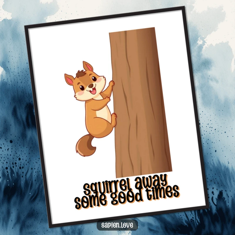 Funny Free Printable Wall Art: A smiling squirrel character energetically climbing a remarkably tall tree, bringing joy and dynamism.