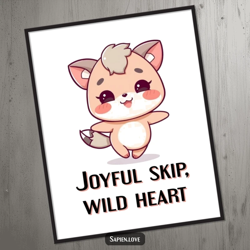 Funny Free Printable Wall Art: An animal-eared character joyfully skipping with a big smile and energetic pose.