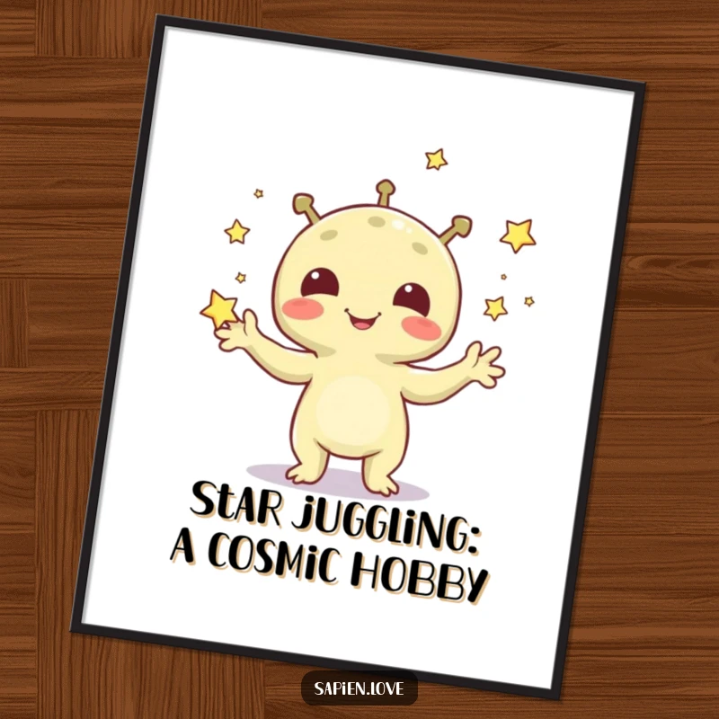 Funny Free Printable Wall Art: A playful alien happily juggles glowing stars, radiating cheerful energy.