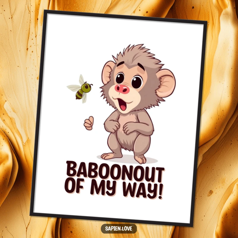 Funny Free Printable Wall Art: An adorable kawaii baboon reacting with wide-eyed alarm to a tiny, buzzing insect.