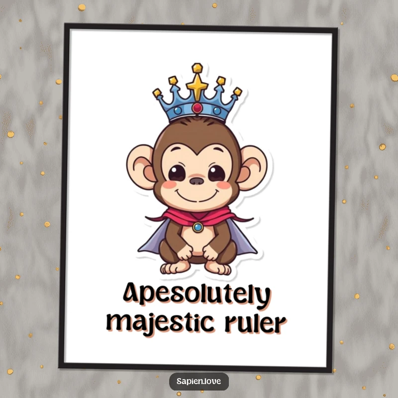 Funny Free Printable Wall Art: A monkey character wearing a golden crown and a red cape looks regal.