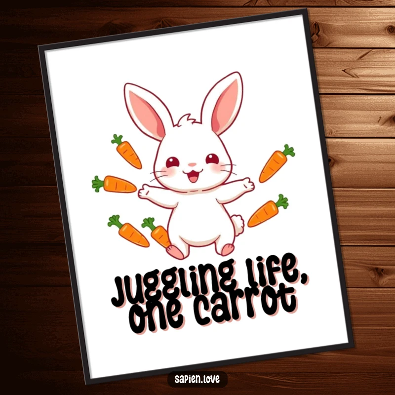 Funny Free Printable Wall Art: A happy rabbit character actively juggles multiple vibrant carrots with impressive skill.