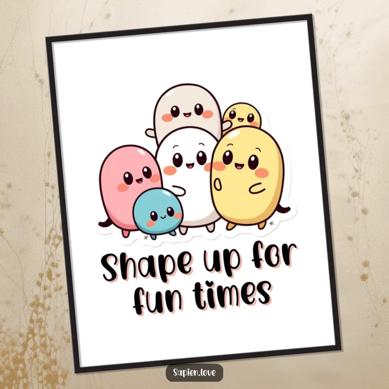 Funny Free Printable Wall Art: A group of abstract, rounded shapes with simple eyes are interacting playfully, creating a cheerful scene.