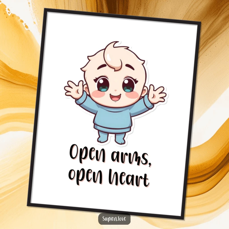 Funny free printable wall art of a character with beaming, cheerful eyes, offering a warm greeting with arms spread wide open.