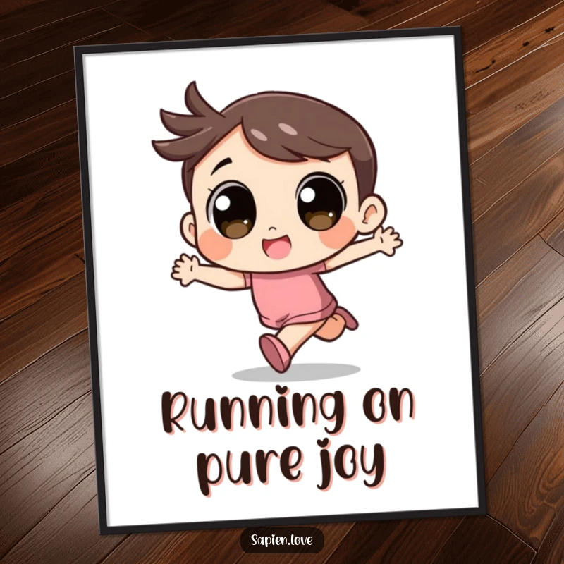 Funny free printable wall art of a cute kawaii character with massive eyes, gleefully running with unrestrained excitement and joy.