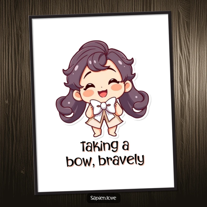 Funny free printable wall art of a smiling kawaii character executing a perfect theatrical bow with a grand, expressive flourish.