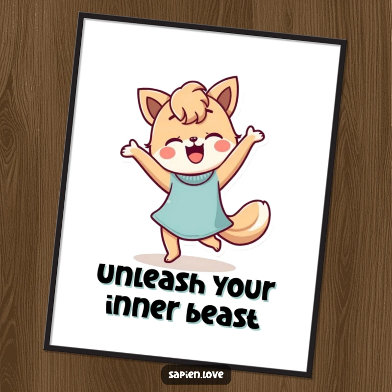 Funny Free Printable wall art depicting a stylized person with animal features doing an exuberant happy dance.