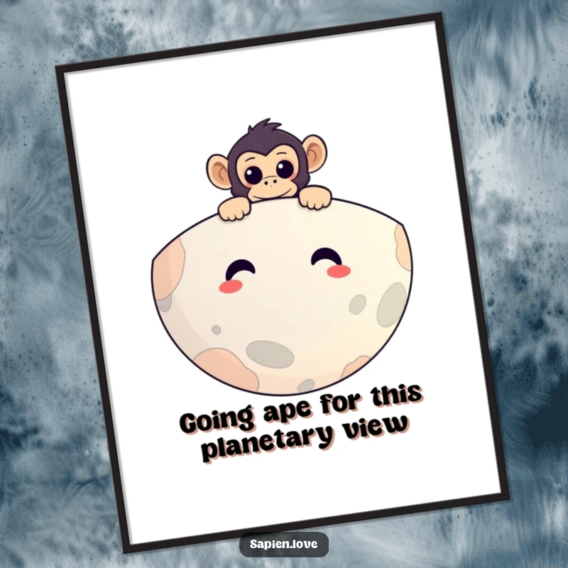 Funny Free Printable Wall Art: A curious primate's head peeking over a large, cheerful planet, rendered with whimsical style.