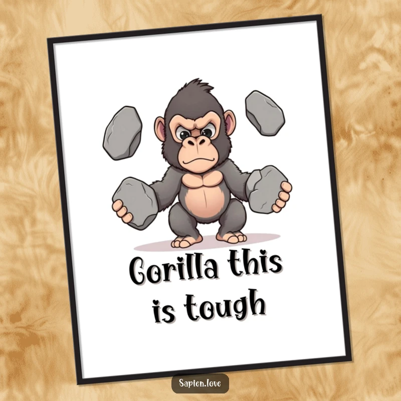 Funny Free Printable Wall Art: An adorable kawaii gorilla focused and determined, attempting to juggle three hefty stones.