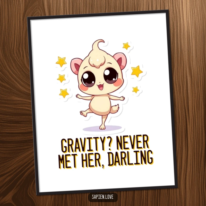 Funny Free Printable Wall Art: A playful bipedal creature with big eyes, balancing on one leg juggling stars.